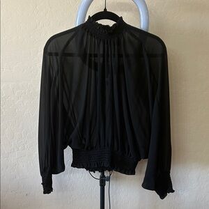 Fashion Nova Black Sheer Smocked-Neck Long Sleeve Top